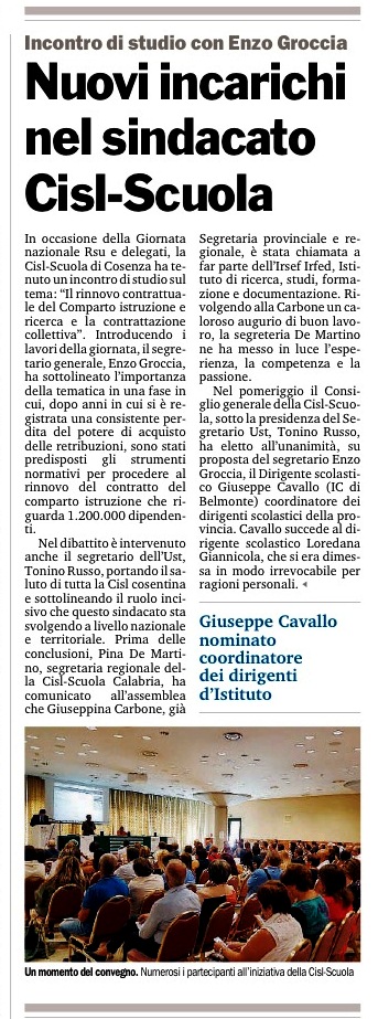 Gazzetta del Sud 10 Settembre CISL Scuola Cosenza Giornata Nazionale delle RSU incontro studio sul tema