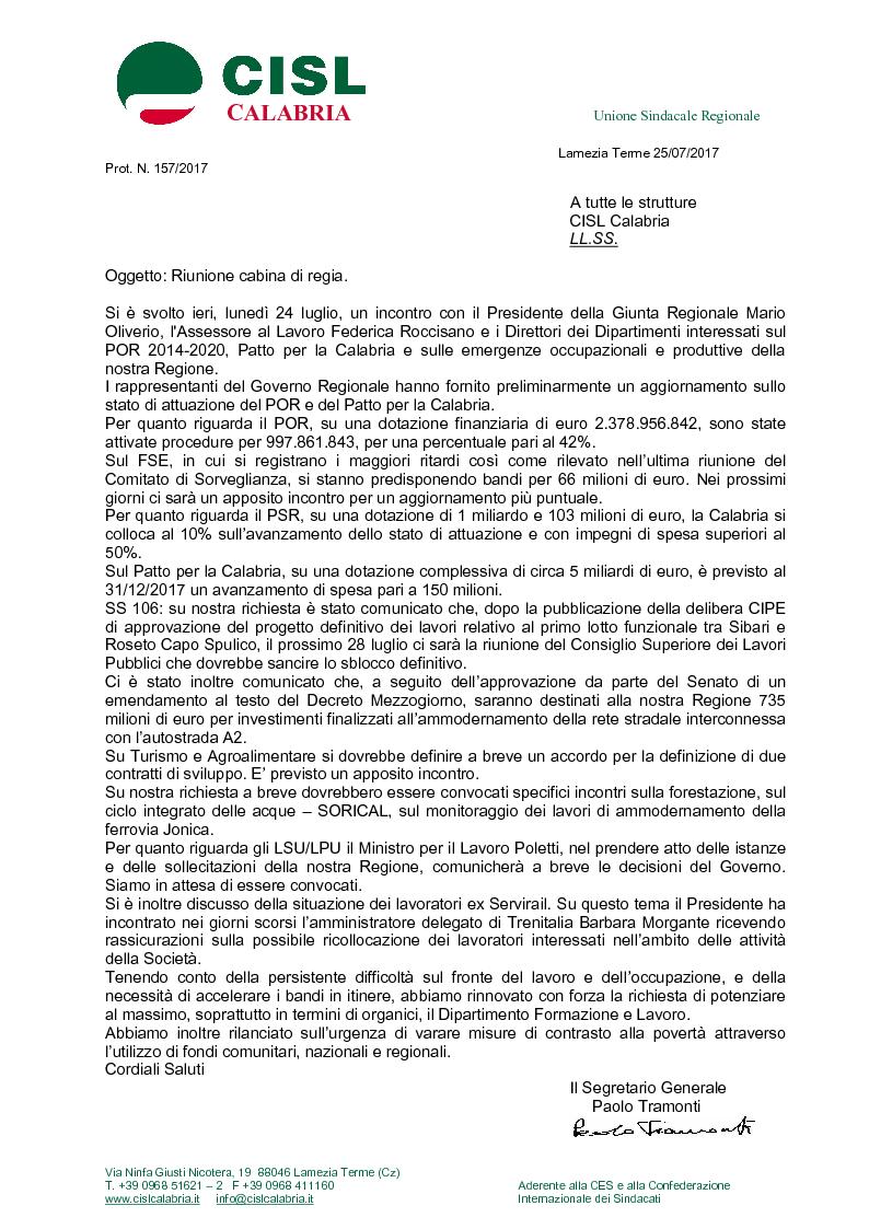 Regione Calabria Riunione Cabina di Regia 24 Luglio ( Clicca sul documento per scaricare/leggere )