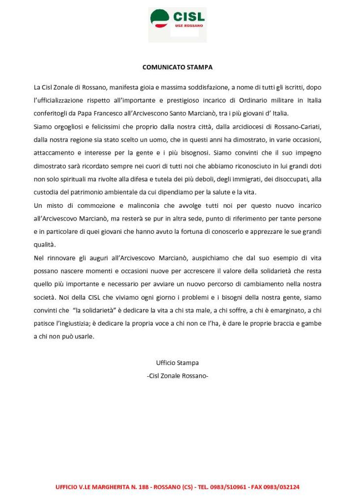 Comunicato Stampa CISL Rossano sulla nomina dell' Arcivescovo Santo Marcianò ad Ordinario Militare
